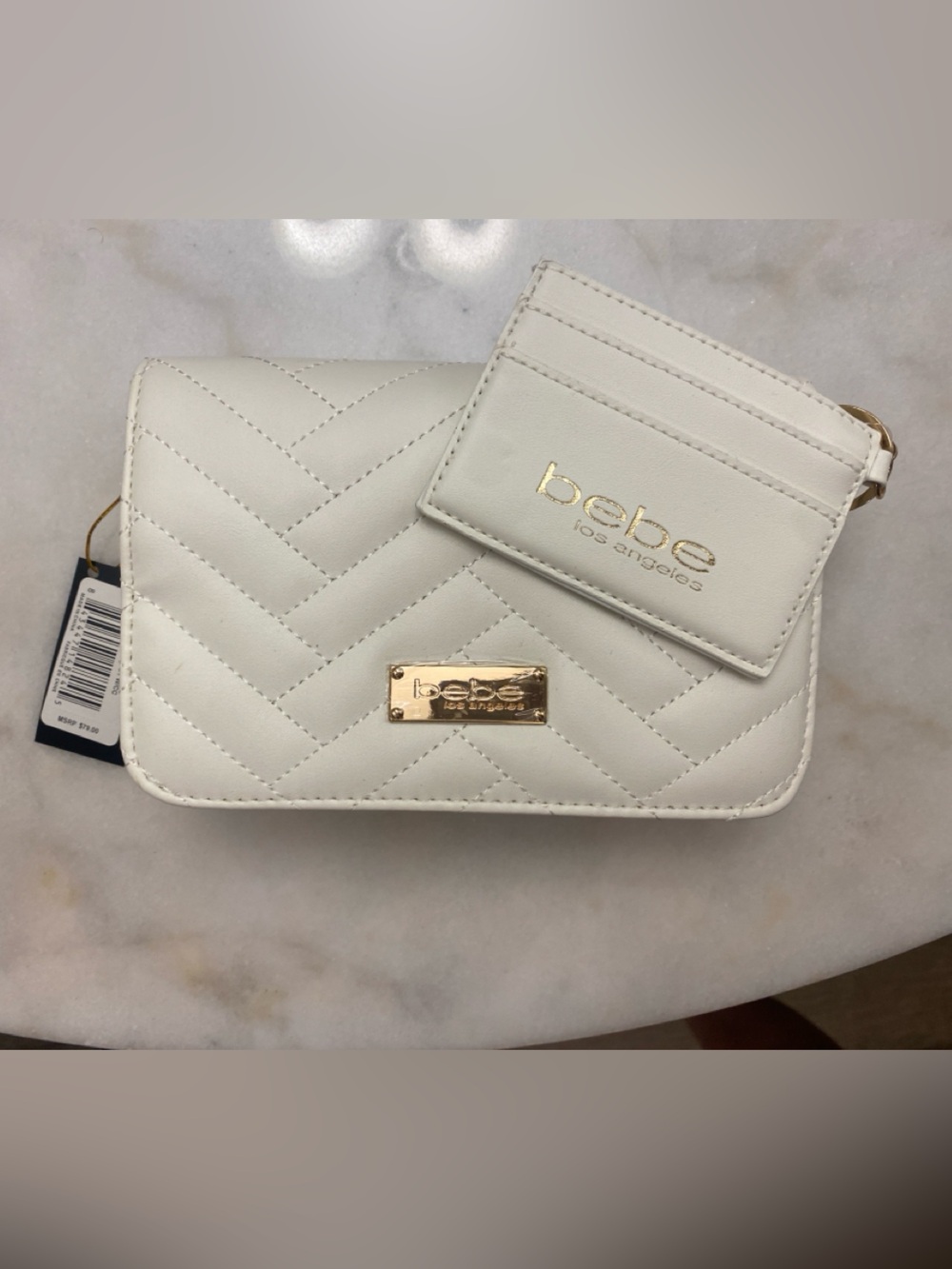 bebe White Quilted purse and Card Holder Set with Gold Accents